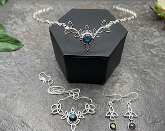 Celtic Knot Bridal Jewelry Set: Sterling Silver Moonstone Tiara Necklace Earrings, Gifts For Her, Irish Wedding Jewelry