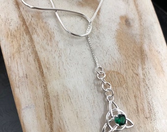 Sterling Silver Long Eternity Celtic Trinity Knot Lariat Necklace with Gemstone, Irish Necklace, Gifts For Her, Lariat Necklace