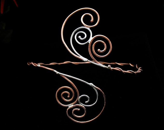 Spiral Scroll Upper Arm Torc  in Sterling Silver and Copper Wire, Bohohemian Fae Arm Cuff, Renaissance Upper Armlet Artisan Handmade