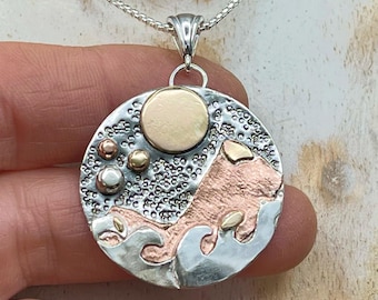 Sterling Silver 925 Mixed Metal Landscape Necklace: Copper, 14K Gold-Filled Sun/Moon, Ocean and Mountain Jewelry, Travel, Adventure Pendants