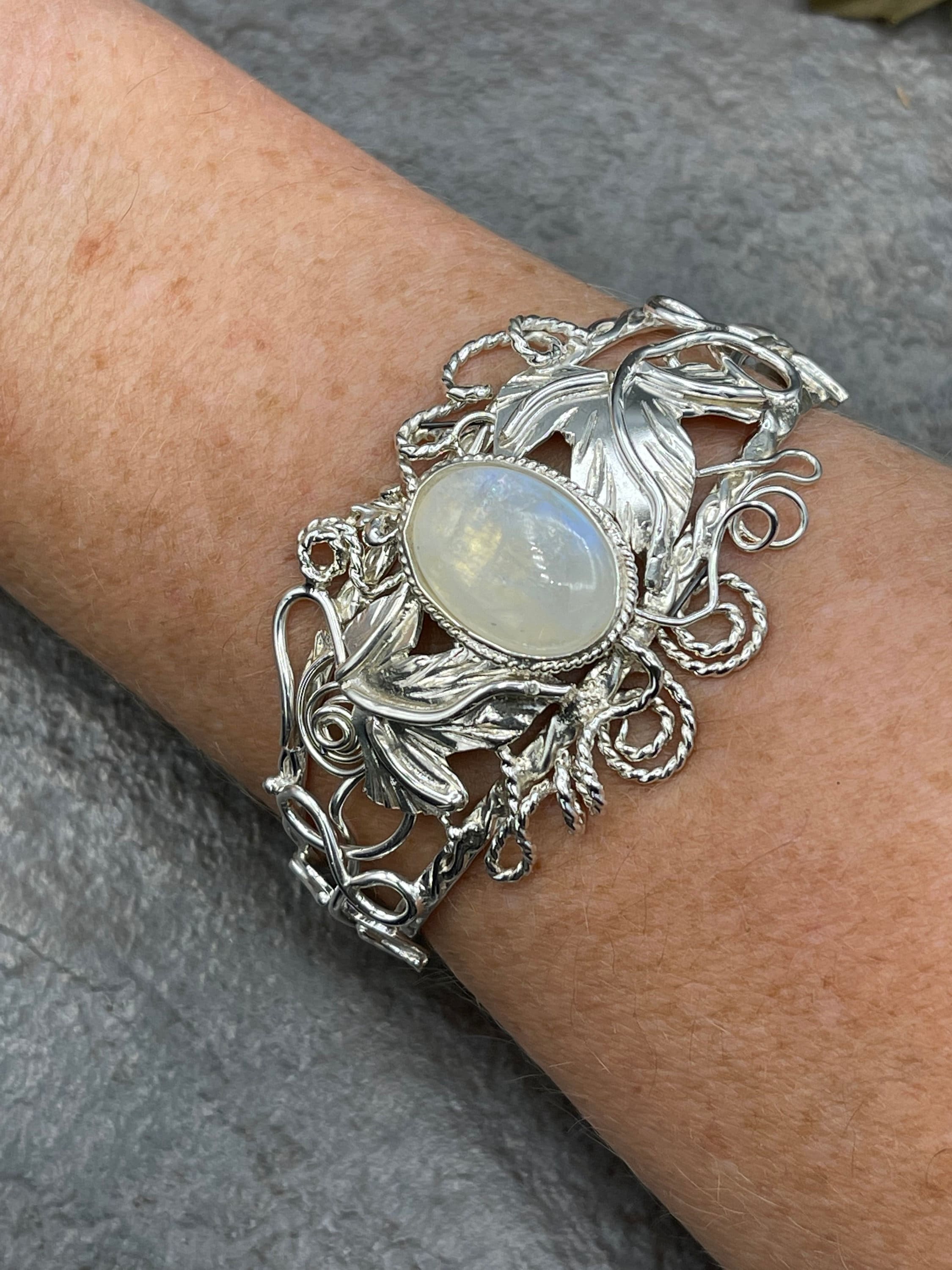 Woodland Elven Leaf Moonstone Bracelet Cuff in Sterling Silver ...