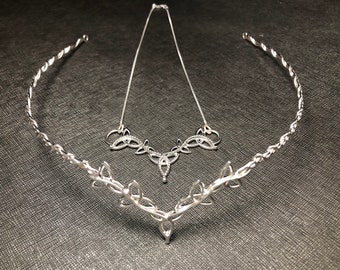 Irish Celtic Nordic Wedding Tiara and Necklace Set, Sterling Silver Fantasy Wedding Circlets, Handmade Celtic Knot Necklace, Gifts For Her