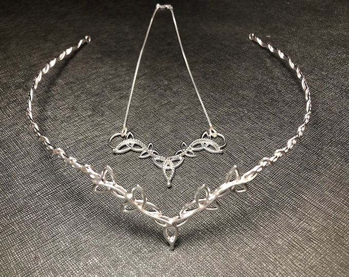 Irish Celtic Nordic Wedding Tiara and Necklace Set, Sterling Silver Fantasy Wedding Circlets, Handmade Celtic Knot Necklace, Gifts For Her