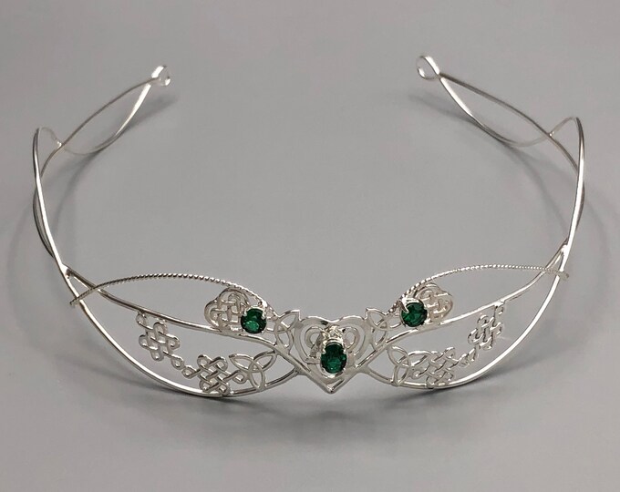 Celtic Heart Emerald Circlet in Sterling Silver, Irish Tiara, Scottish Diadem, Wedding Tiaras, Alternative Bridal Accessories, Gifts For Her