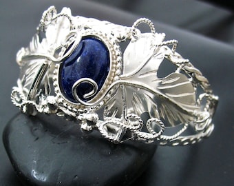 Woodland Leaf Gemstone Bracelet Cuff in Sterling Silver, Handmade Cuff Bracelet, OOAK Handmade Cuff Bracelet, Artisan, Sterling Silver