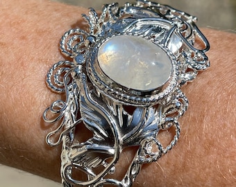 Handmade Sterling Silver Cuff Bracelet: Elven Leaves & Rainbow Moonstone
