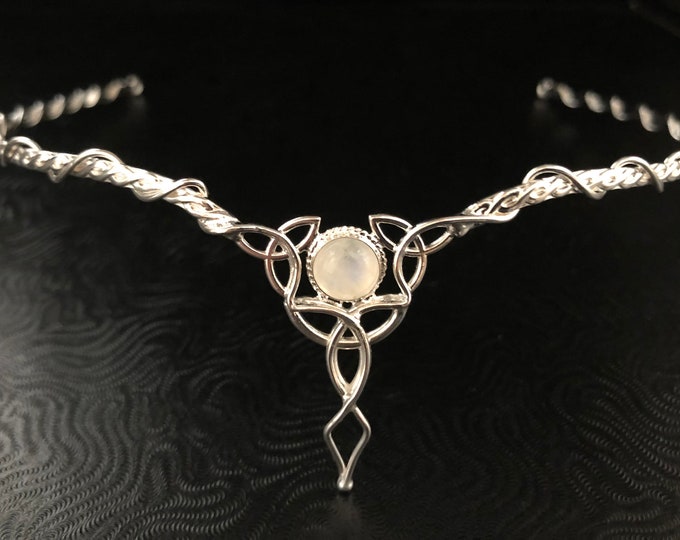 Celtic Knot Rainbow Moonstone Tiara in Sterling Silver, Irish Diadems, Handmade Circlets, Wedding Accessories For Her