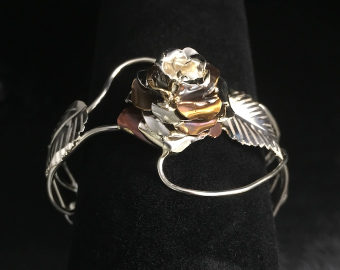 Sterling Silver Rose Cuff Bracelet: Artisan Floral Statement Jewelry, Rose Jewelry, Handmade Floral Bracelet