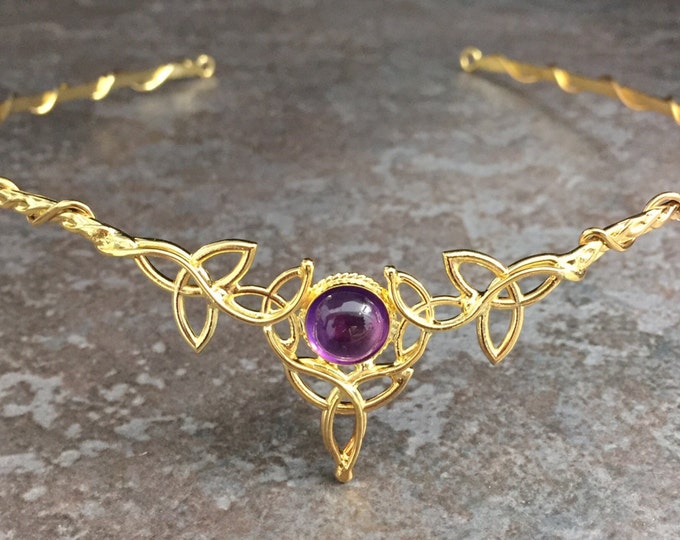 Emerald Elvish Sterling Silver Celtic Knot Wedding Circlet: 24K Gold Plated Circlet, Irish Diadem