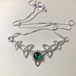 Celtic Trinity Knot Emerald Amethyst Necklace in Sterling Silver, Irish Sapphire Necklace Designs, Gifts for Her, Scottish, Pictish Jewelry