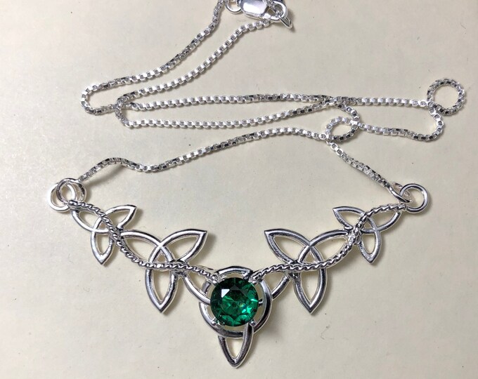 Celtic Trinity Knot Emerald Amethyst Necklace in Sterling Silver, Irish Sapphire Necklace Designs, Gifts for Her, Scottish, Pictish Jewelry