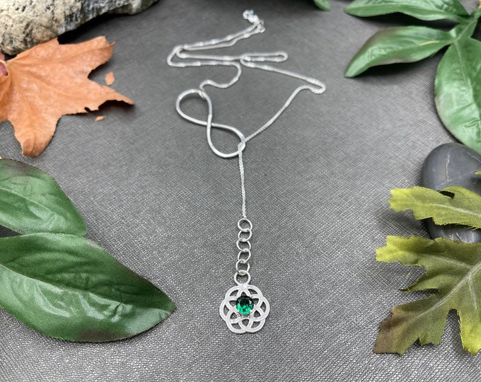 Celtic Knot 6mm Emerald Lariat Necklace, Long Lariat Necklace in Sterling Silver with 18 Inch Box Chain, Gifts For Her, Irish Jewelry