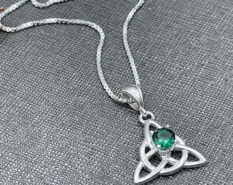 Sterling Silver Celtic Knot Necklace: Emerald Trinity Pendant, Gifts For Her, Irish Necklace