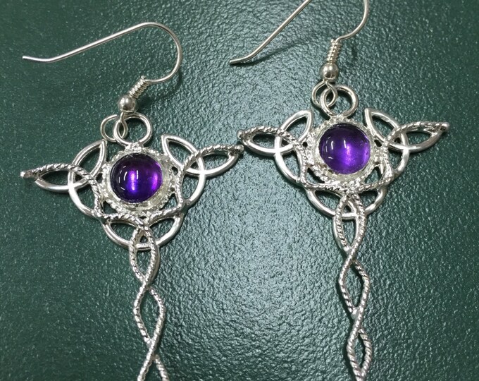 Celtic Trinity Knot Earrings with 8mm Amethyst Gemstone, Long Statement Dangle Celtic Earrings, Irish Wedding, Celtic Jewelry Accessories