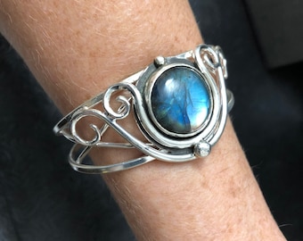 Art Nouveau Sterling Silver Labradorite Cuff Bracelet: Artisan Statement Bracelet Wrist Jewelry, Gifts For Her