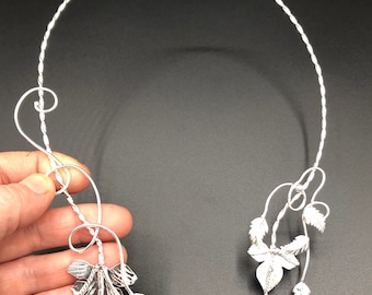 Sterling Silver Leaf Neck Torc: Elvish Woodland Neck Ring Handmade, Leaf Necklace