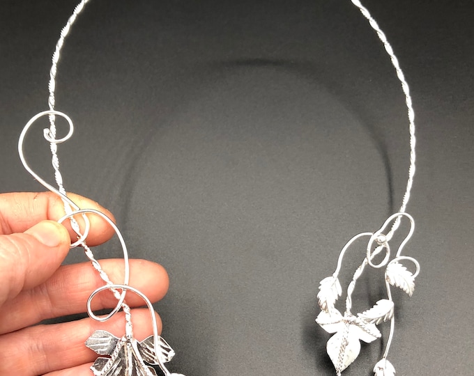 Sterling Silver Leaf Neck Torc: Elvish Woodland Neck Ring Handmade, Leaf Necklace