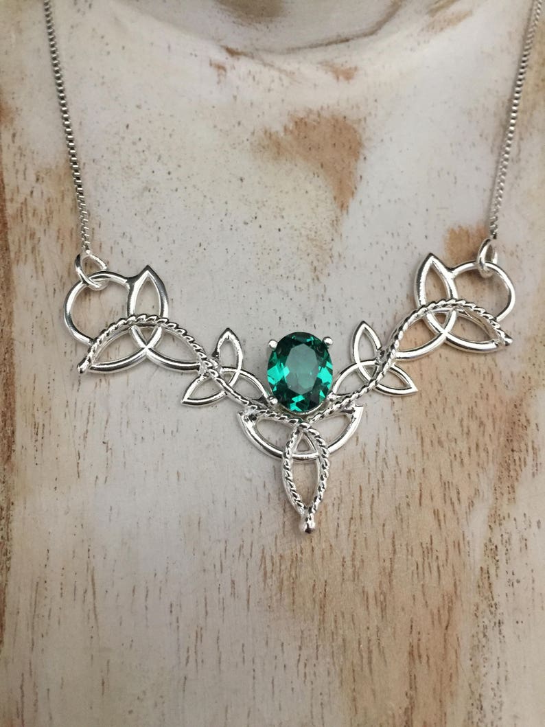 Celtic Knot Lab Emerald Necklace In Sterling Silver Rhodium Image 0