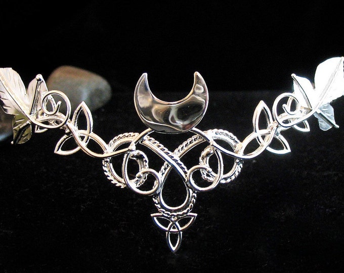 Celtic Leaves Crescent Moon Bridal Wedding Tiara in Sterling Silver, Wedding Circlet for Hair, Handmade Artisan SCA Pagan Alternative Bride