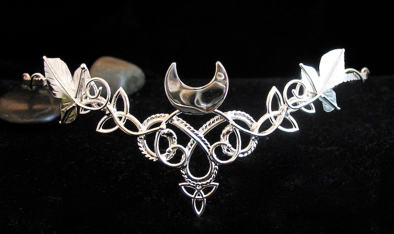 Wedding Circlet for Hair Handmade Artisan SCA Pagan Alternative Elvish Celtic Leaves Crescent Moon Bridal Wedding Tiara in Sterling Silver