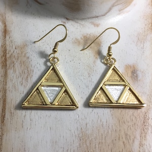 TriForce Inspired Earrings in Sterling Silver with a 24K Gold-Plate Overlay, Handmade Artisan Legend of Zelda Earrings, Cosplay