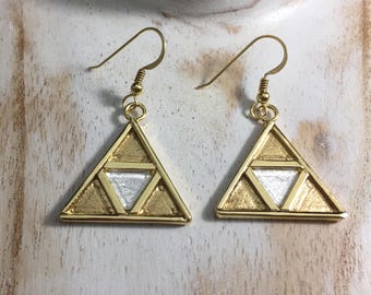 TriForce Inspired Earrings in Sterling Silver with a 24K Gold-Plate Overlay, Handmade Artisan Legend of Zelda Earrings, Cosplay