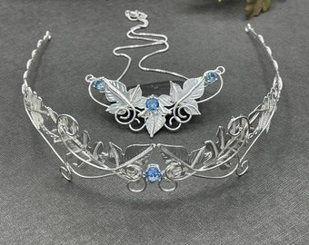 Woodland Leaf Moonstone Sapphire Tiara, Necklace, Leaf Earring Sets, Leaf Wedding Sets, Artisan Jewelry, Alternative Bridal Accessories