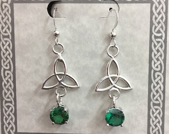 Celtic Trinity Knot Dangle Gemstone Earrings in Sterling Silver, Irish Drop Earrings, Dainty Wedding Earrings, Boho Hipster Earrings