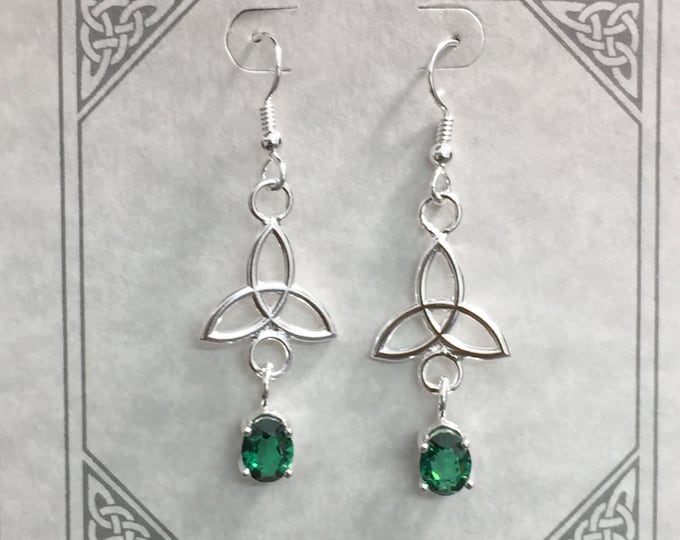 Celtic Knot Emerald Drop Earrings in Sterling Silver, Irish Charmed Dangle Earrings, Earlobe, Cute Jewelry, Cute Earrings