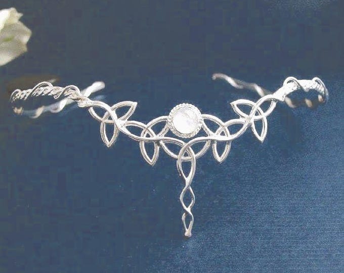 Irish Wedding Moonstone Circlet in Sterling Silver, Celtic Bridal Diadem, Celtic Knot Tiara, Alternative Weddings, Irish Tiaras