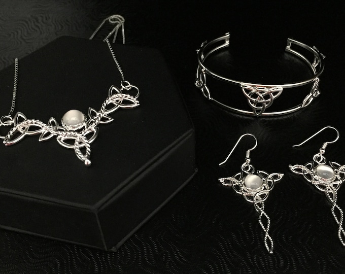 Celtic Moonstone Jewelry Set in Sterling Silver: Necklace, Bracelet, Earrings, Handmade Irish Wedding Accessories, Gifts For Her