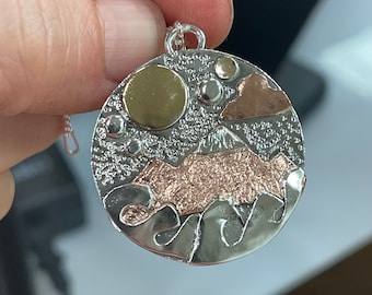 Mountain Nature Ocean Mixed Metal Landscape Necklace, Gift For Her, TriMetal Sterling Silver, Copper, Gold, Nature Necklace, Hiking, Rustic