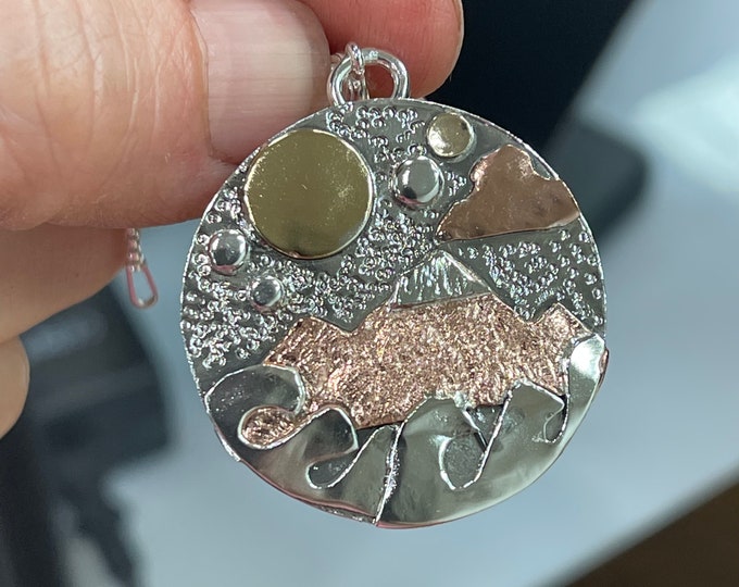 Mountain Nature Ocean Mixed Metal Landscape Necklace, Gift For Her, TriMetal Sterling Silver, Copper, Gold, Nature Necklace, Hiking, Rustic