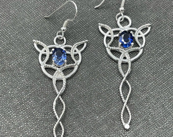 Celtic Trinity Knot Dangle Earrings In Sterling Silver, Celtic Drop Earrings, Sapphire Drop Earrings, Gifts For Her, Cute Earrings