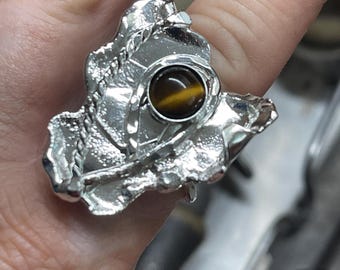 Sterling Silver Statement Brutalist Steampunk Tigers Eye Ring, Handmade 925 Chunky Rings