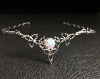 Celtic Triquettra Opal Wedding Bridal Sterling Silver Tiara, Irish Bridal Diadem Opal Gem, Victorian Wedding Circlet, Irish Tiara