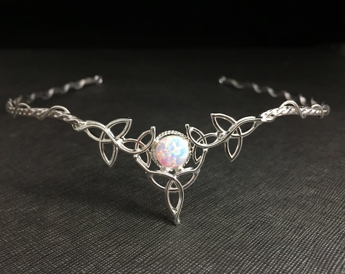 Celtic Triquettra Opal Wedding Bridal Sterling Silver Tiara, Irish Bridal Diadem Opal Gem, Victorian Wedding Circlet, Irish Tiara