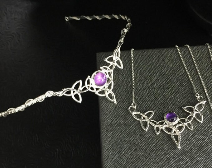 Irish Celtic Amethyst Circlet and Necklace Set in Sterling Silver, Fantasy Wedding, Scottish Wedding, Bridal Accessory Set