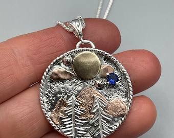Mountain Rustic Necklace, Gift For Her, Hiking Jewelry Sterling Silver, Copper, 14K Gold Nature Necklace, Mixed Metal Jewelry Handmade