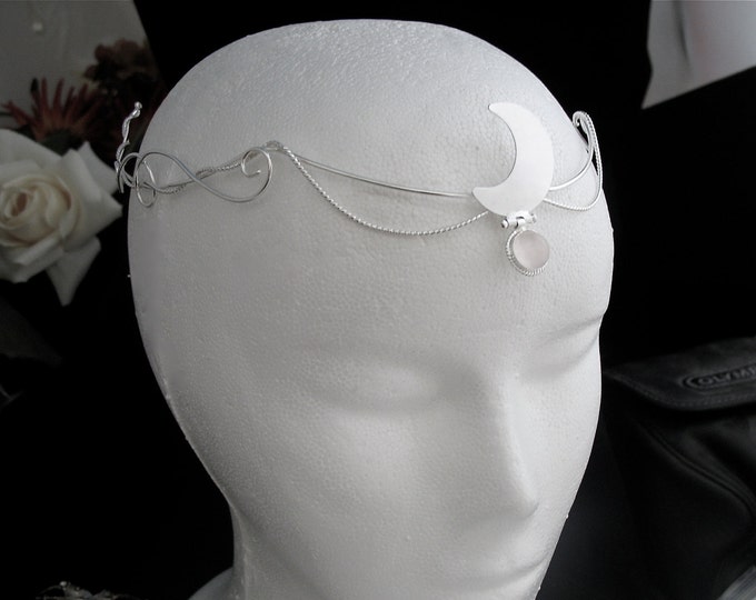 Simple Crescent Moon Gemstone Bridal Tiara in Sterling Silver, Renaissance Moon Circlet, Sterling Silver Bridal Headpiece with Moonstone