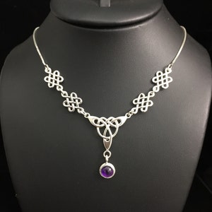 Celtic Knot Amethyst Necklace Sterling Silver With 16 Inch Box Chain Attached, Irish Bridal Necklace with 8mm Gemstone, Handmade 925, OOAK image 6