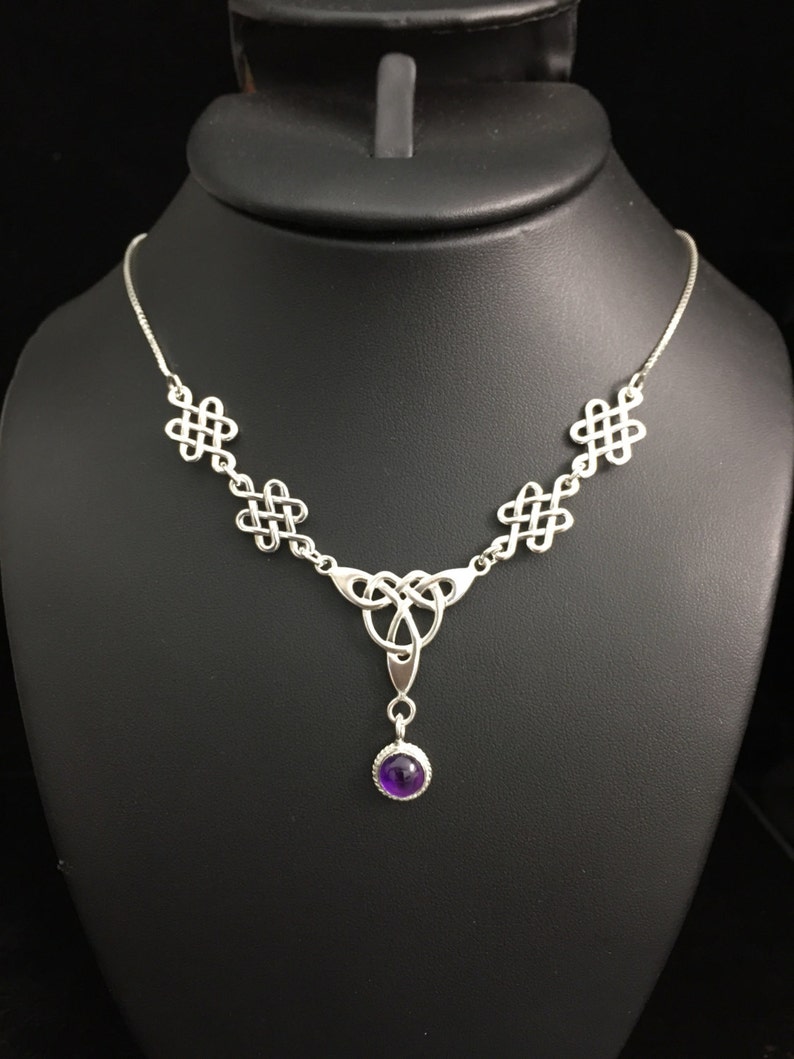 Celtic Knot Amethyst Necklace Sterling Silver With 16 Inch Box Chain Attached, Irish Bridal Necklace with 8mm Gemstone, Handmade 925, OOAK image 6