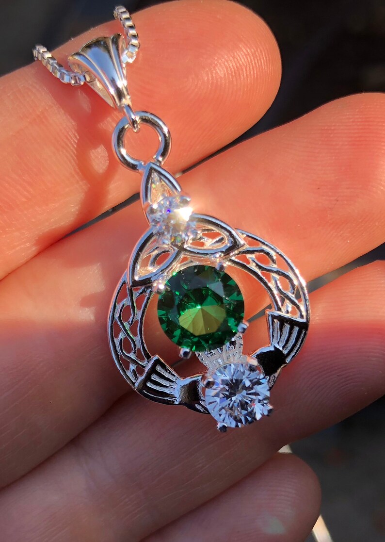 Irish Claddagh Emerald Necklace and Earring Set in Sterling Silver, Artisan Celtic Jewelry Set, Gifts For Her, White Topaz and Emeralds Emerald