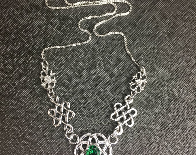 Irish Celtic Knot Emerald Necklace in Sterling Silver, Artisan Celtic Statement Necklace, Box Chain, Renaissance Gemstone Necklace
