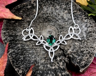 Celtic Trinity Knot Emerald Gemstone Necklace in Sterling Silver, Irish Necklaces 16 Inch Sterling Box Chain, Artisan Celtic Knot Necklace