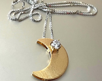 Stevie Nicks Style Sterling Silver Crescent Moon with 6mm Gemstone, 14K Gold Plate Overlay, 18 Inch Chain Included, Moon Jewelry