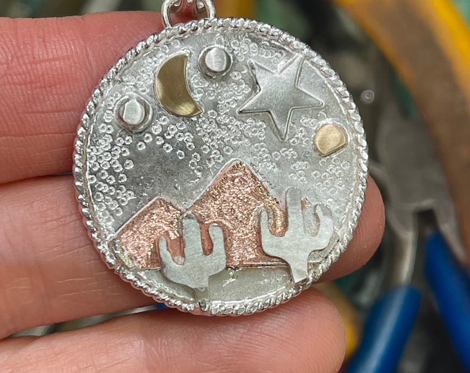 Southwest Mountain Nature Mixed Metal Cactus Necklace, Gift For Her, Mixed Metal Silver, Copper, Gold, Nature Necklace, Hiking, Rustic