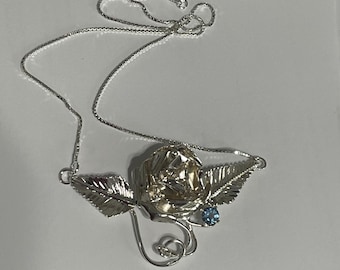 Rose Succulent Necklace with Gemstone in Sterling Silver, Artisan Floral Jewelry, Gifts For Her, Custom Handmade