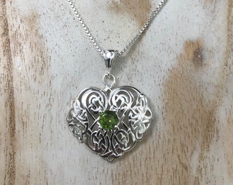 Sterling Silver Celtic Heart Necklace with Emerald: Irish Pendants, Gifts For Her
