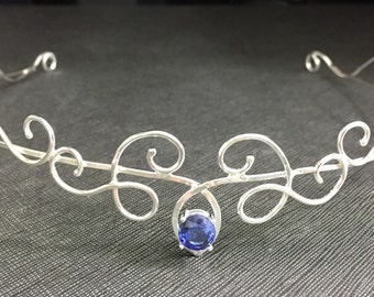 Fantasy Elvish Sapphire Circlet in Sterling Silver, Alternative Wedding, Fairytale Wedding, Elven Tiara, Bohemian Bride